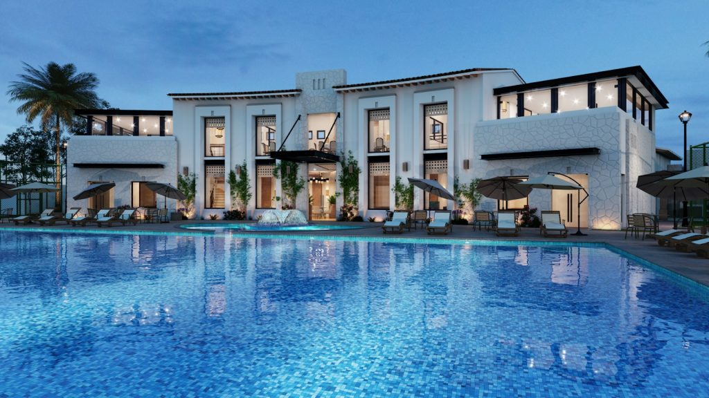 Elegant hotel facade beside the pool